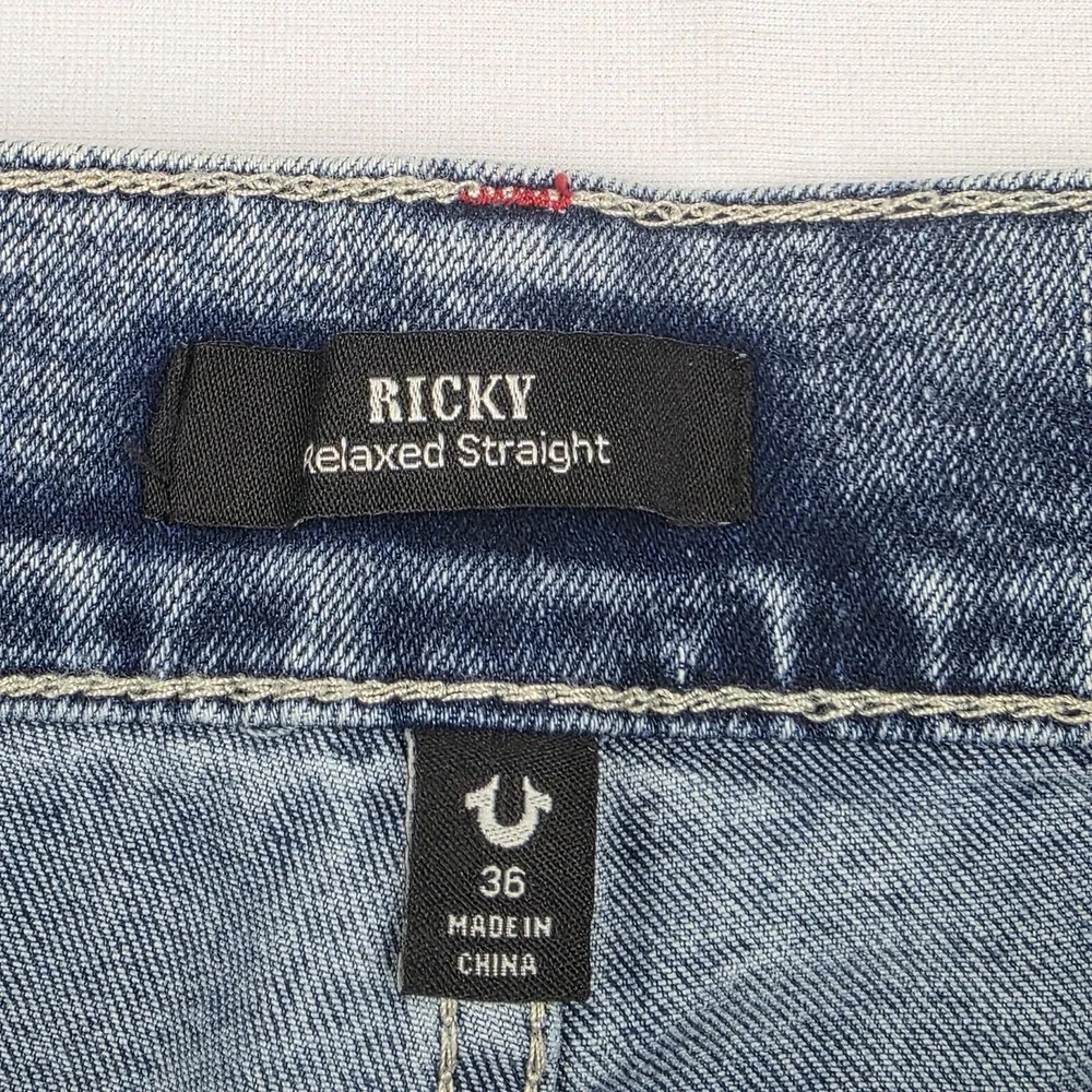 True Religion Jeans Mens 36 Ricky Big T Relaxed Straight Medium Aventurine Blue